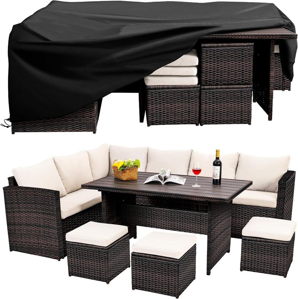 Patio Furniture Set, 7 Pieces Outdoor Patio Furniture with Dining Table&Chair, All Weather Wicker Conversation Set with Ottoman,Brown Rattan & Ivory Cushions (Include Sofa Dust Cover)