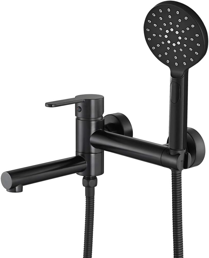 Matte Black Wall Mount Bathtub Faucet with Hand Shower,Tub Shower Faucet with Lengthened Folding Spout,KHSB05U