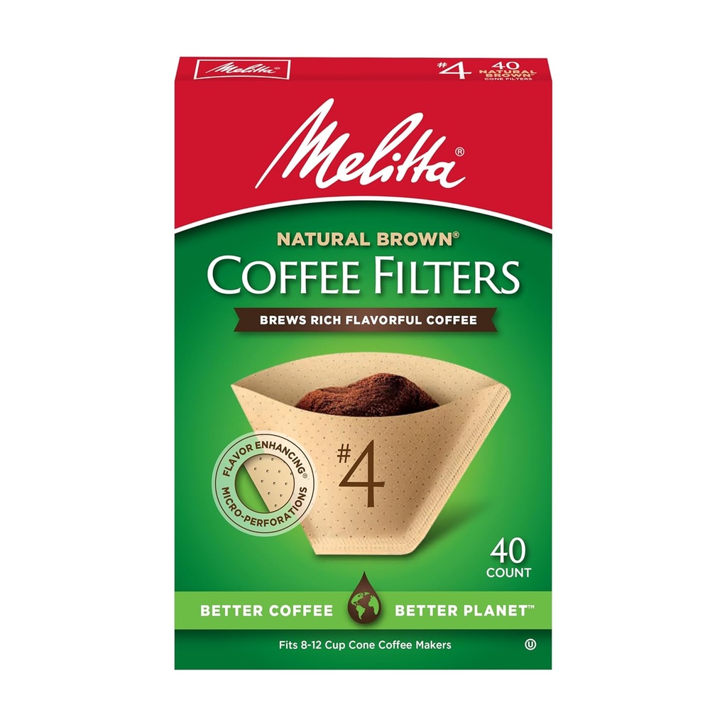 Melitta #4 Cone Coffee Filters, Unbleached Natural Brown, 40 Count (Pack of 12) 480 Total Filters Count - Packaging May Vary