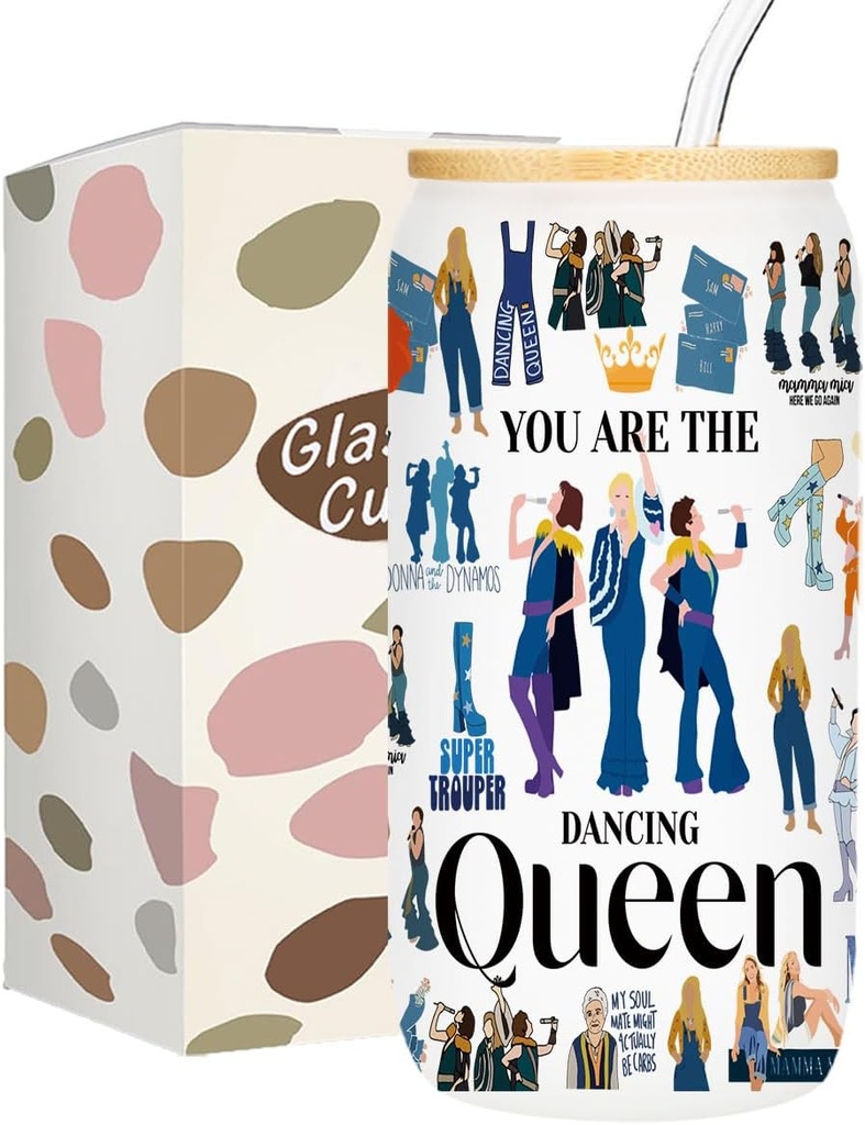 Mamma-Mia Iced Coffee Cup, Mamma Music Gift, 16 oz Coffee Glass Cup with Lid Straw, Musical Comedy Gifts for Women Teen Girls Music Lovers Fans Her Birthday Party Decorations Christmas Gifts