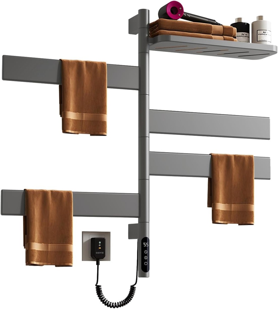 Rotatable Electric Towel Warmer with Shelf,2-3 Minutes to 131°F,Plug-in/Hard-Wired Wall Mounted Towel Rack with Timer and Multi-Stage Temperature Regulation,Grey