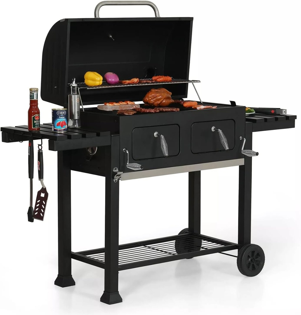 Thaweesuk Shop New Black Oversize Charcoal BBQ Grill Barbecue Portable Charcoal Liftable Tray Backyard Patio Steel Large Foldable Outdoor Cooker Smoker Cooking Offset Household 64.5"L x 26"W x 49"H