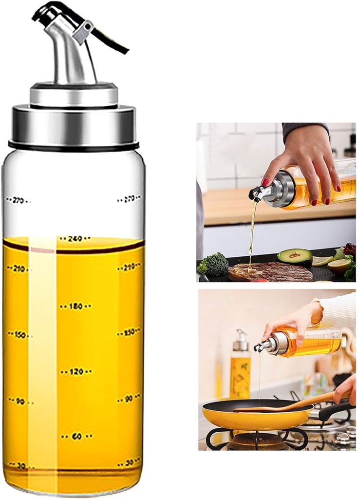 Olive Oil Dispenser Bottle, Liquid Condiment Container, 10 Oz Vinegar Dispensing Cruets With Dripless Capped Spout, Glass Decanter for Kitchen with Degree Scale