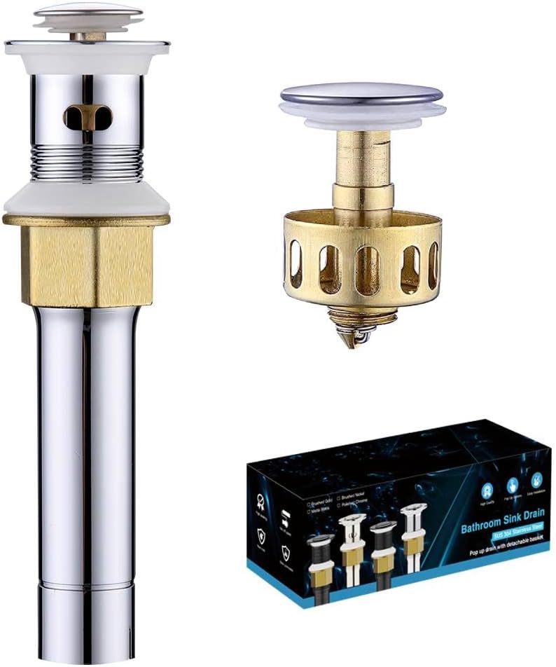 Pop Up Drain Stopper with Overflow for Bathroom Sink, Brushed Nickel Stainless Steel Bathroom Sink Drain, Universal Basin Drain, Lavatory Sink Drain Stopper with Detachable Basket