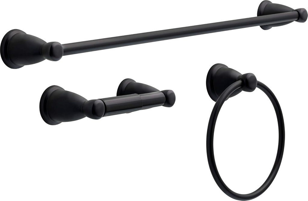Franklin Brass Kinla 3-Piece Bathroom Set Matte Black 24" Towel Bar Rack, Toilet Paper Holder, Ring KIN3PC-MB