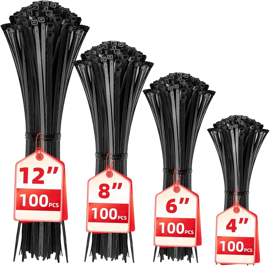 Cable Zip Ties,400 Pack Black Assorted Sizes 12+8+6+4 Inch,Multi-Purpose Self-Locking Nylon Cable Cord Management ,Plastic Wire Ties for Home,Office,Garden,Workshop. By HAVE ME TD
