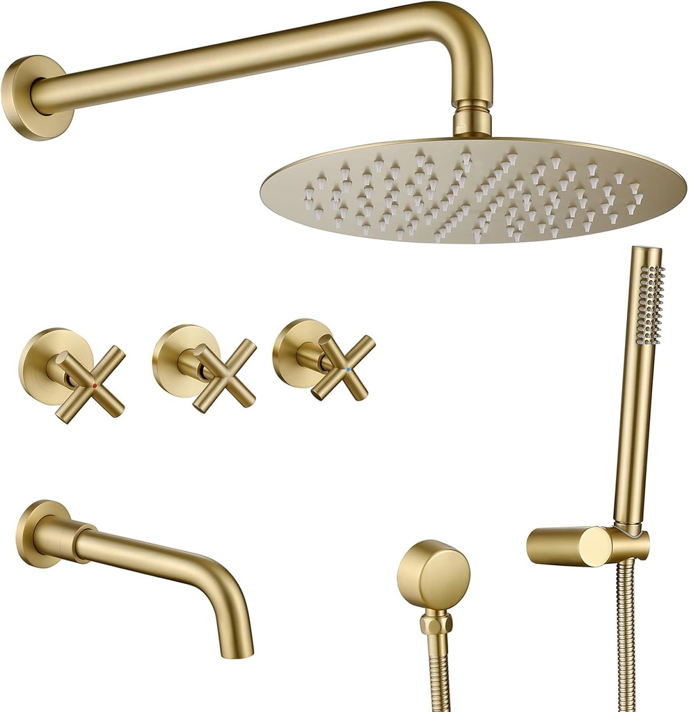 RBROHANT Brushed Gold Shower System with Tub Spout, Brass Bathtub Shower Faucet Set with 3 Way Rough-in Valve,10 Inch Round Shower Head Set with Tub Spout and Handheld, JK0299