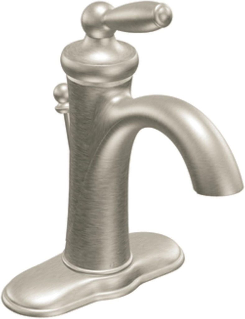 Moen Brantford Brushed Nickel One-Handle Traditional Low-Arc Bathroom Faucet with Optional Deckplate and Available Vessel Sink Extension Kit, 6600BN