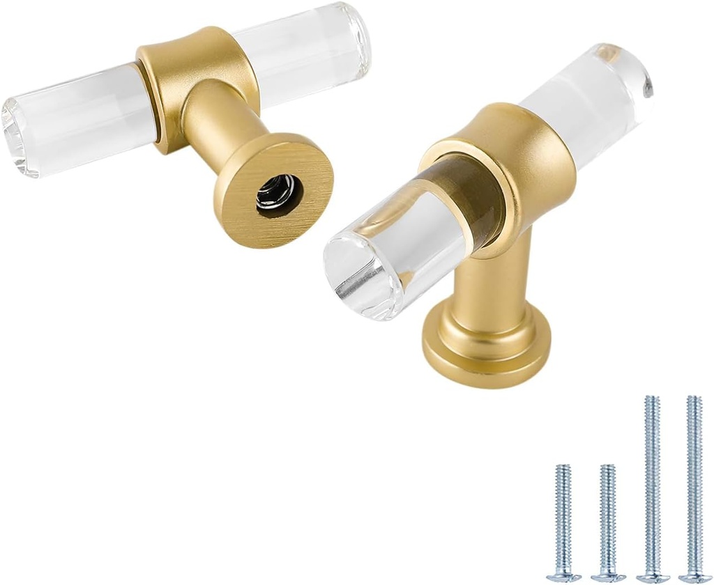 LONTAN 12 Pack Acrylic Kitchen Cabinet Knobs Gold Drawer Knobs Modern T Bar Clear Cabinet Door Handles White Kitchen Hardware for Dresser Bathroom,Zinc Alloy Base