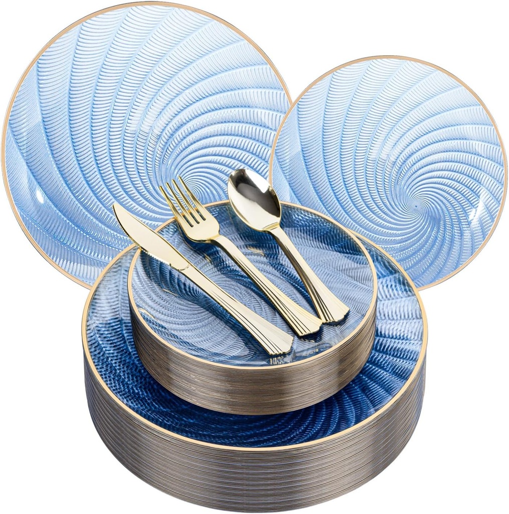 150PCS Blue Shell Plastic Plates With Gold Fishtail Silverware, Fancy Disposable Dinnerware Set Include 30 Dinner Plates, 30 Dessert Plate, 30 Silver Cutlery for Party (30 Guests)