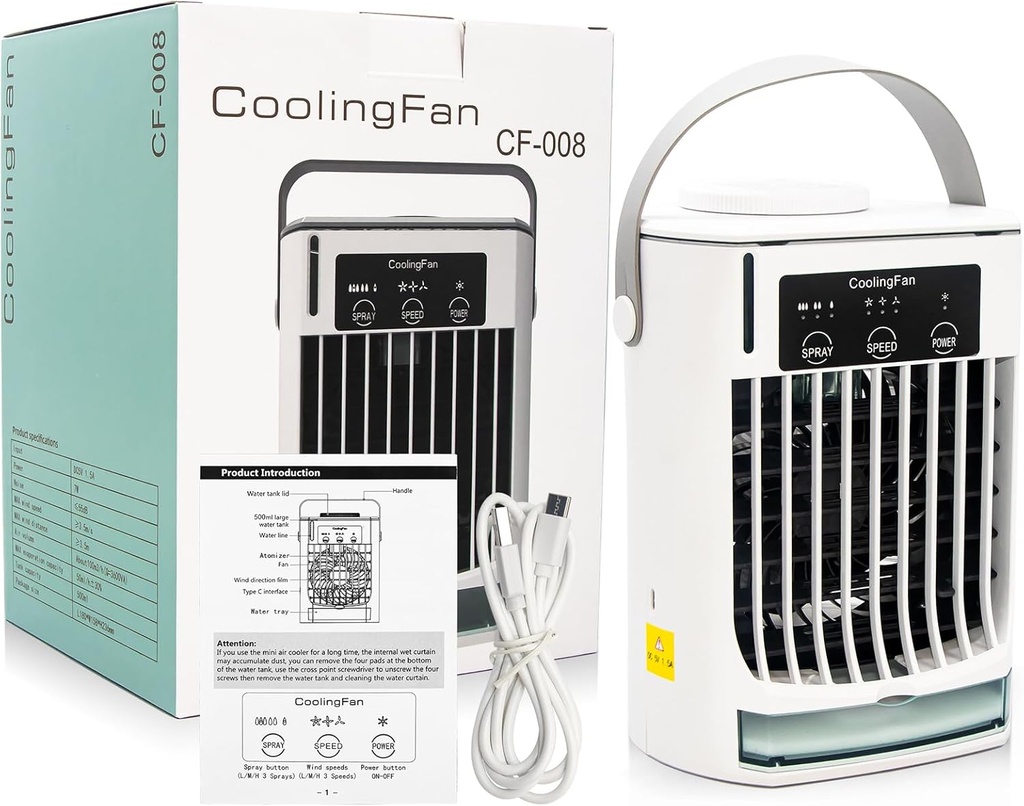 Portable Air Conditioner, Evaporative Air Cooler, 3-IN-1 Personal Air Conditioner Cooling Fan with 3 Cool Air Spray, 3 Wind Speed, Small Desktop Humidifier Fan for Room Camping Car Office