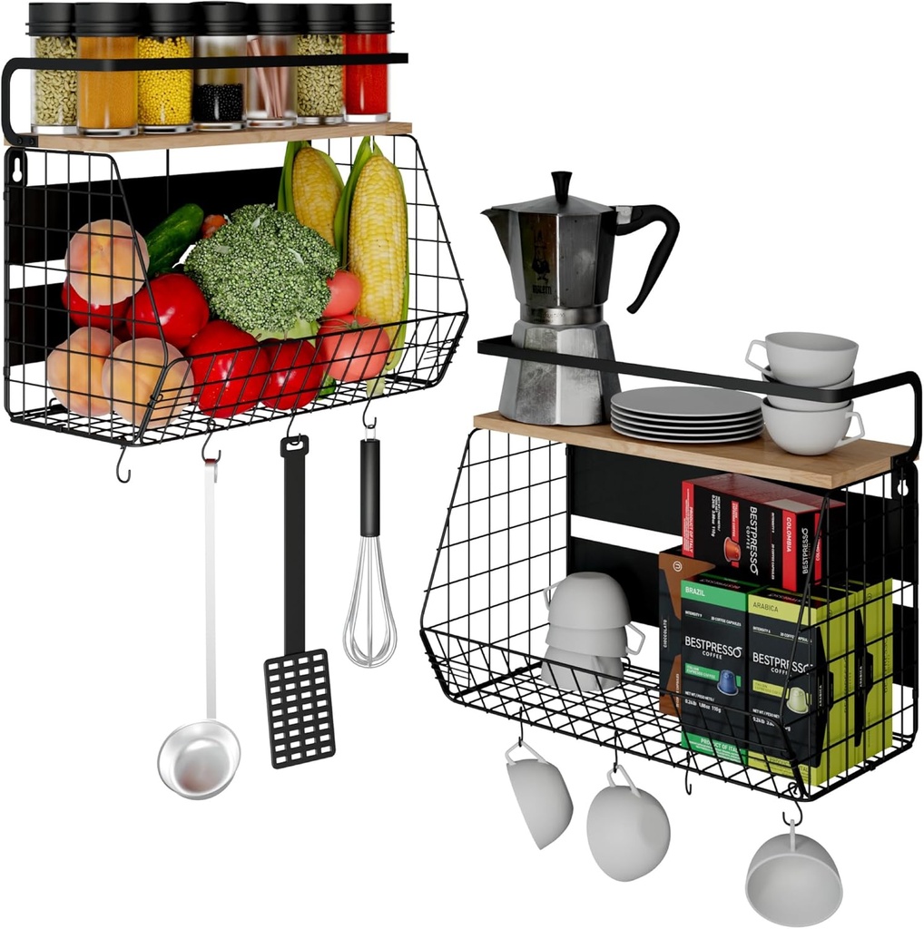 Set of 2 Magnetic Fridge Shelves, Black Metal & Light Oak Wood. Sleek Magnetic Rack Organizer for Spices, Condiments, Veggies, & More. Minimalist Magnetic Fridge Shelf, Storage Bin Basket.