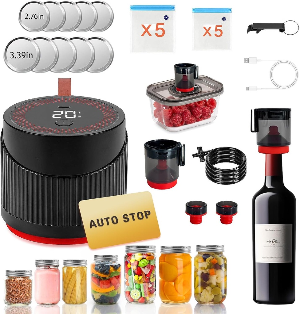 4 in 1 Electric Mason Jar Vacuum Sealer Kit,Kitchen Must Haves Can Sealer Machine for Food Storage Vacuum Bag Box Wine Bottle 8oz and 16oz Mason Jars(black, 84max