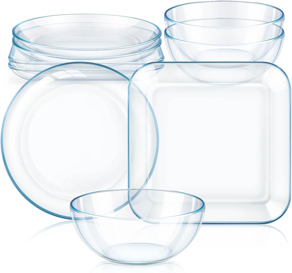 6 Pcs Clear Glass Dinnerware Set Glass Plates and Bowls with Blue Tint Round Square Tempered Plates 10'' and Kitchen Serving Bowl 8'' for Dessert, Salad, Fruit, Dishwasher and Microwave Safe