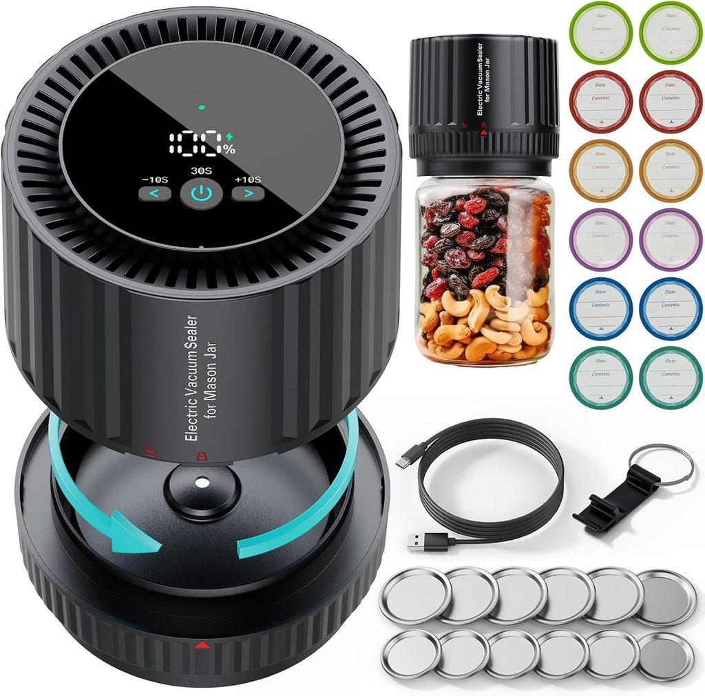2025 Latest Updated Electric Mason Jar Vacuum Sealer Kit, Firm Sealing & Anti-Slip, Extra Lips*12 & Labels*12 Included, One Button Start Easy to Operate, for Wide Mouth or Regular Mouth of Mason Jars