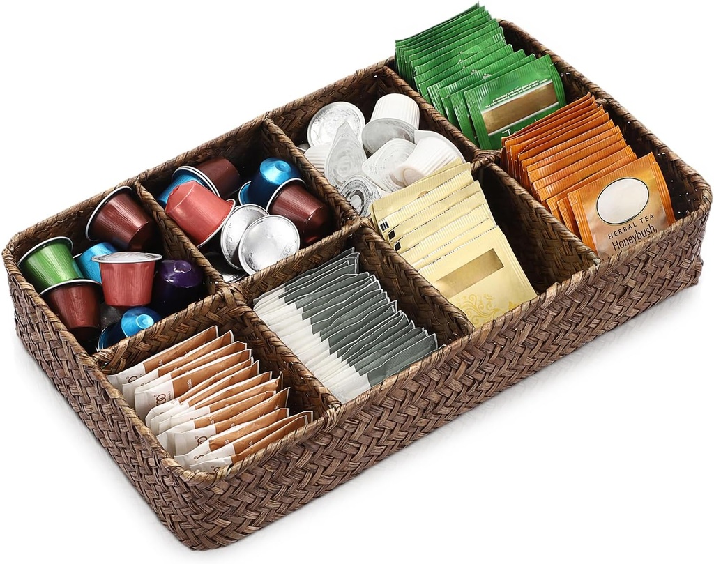 ELLDOO Tea Bag Organizer Tray, 8 Sections Sugar Packet Holder Coffee Pod Storage Condiment Organizer Seagrass Divided Basket for Pantry Drawer Shelf Countertop, Coffee