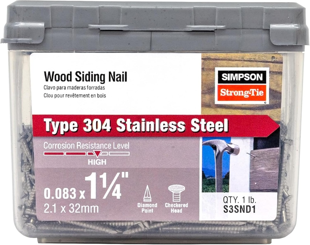 Simpson Strong-Tie S3SND1 Ring-Shank Wood Siding Nail, 1-1/4 Inch x 0.083 Inch 14 Gauge, Full Round Head, Diamond Point, Type 304 Stainless Steel (Pack of 120)