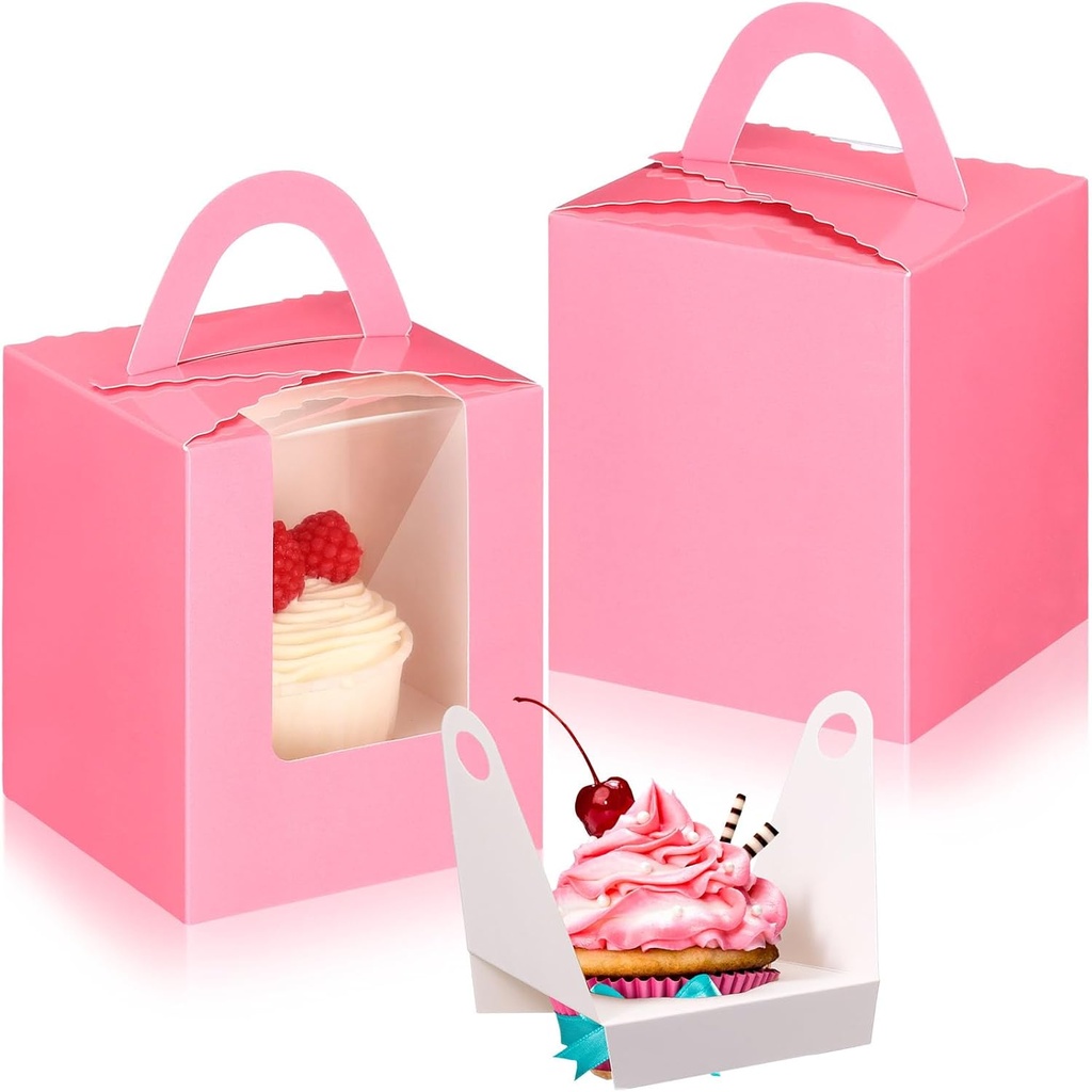 Uiifan 50 Pcs Individual Cupcake Boxes with Handle 3.6 x 3.6 x 4.3 Single Paper Cupcake Containers with Insert and Window Treat Boxes for Bakery Wedding Baby Shower Birthday (Light Pink)