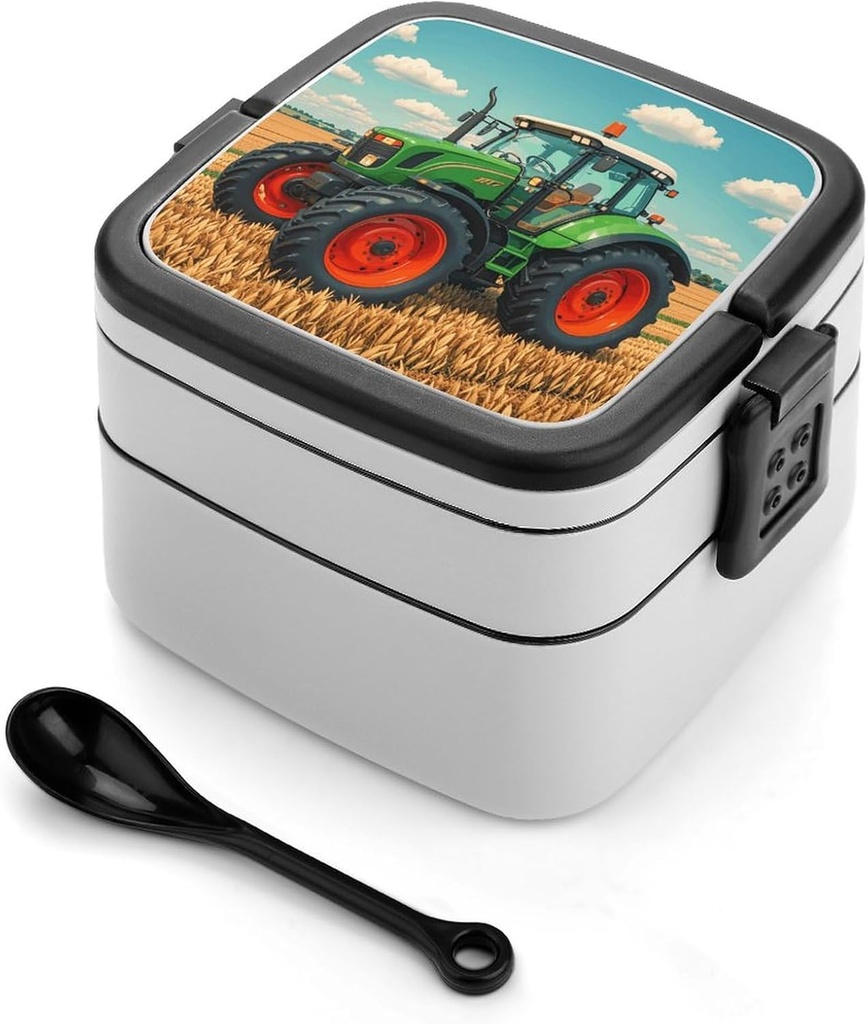 Fantasy Farm Tractor Bento Box Double Layer Lunch Box with Spoon And Handle All in One Stackable Lunchbox Adult Lunch Container for Women Men Work Picnic Camping