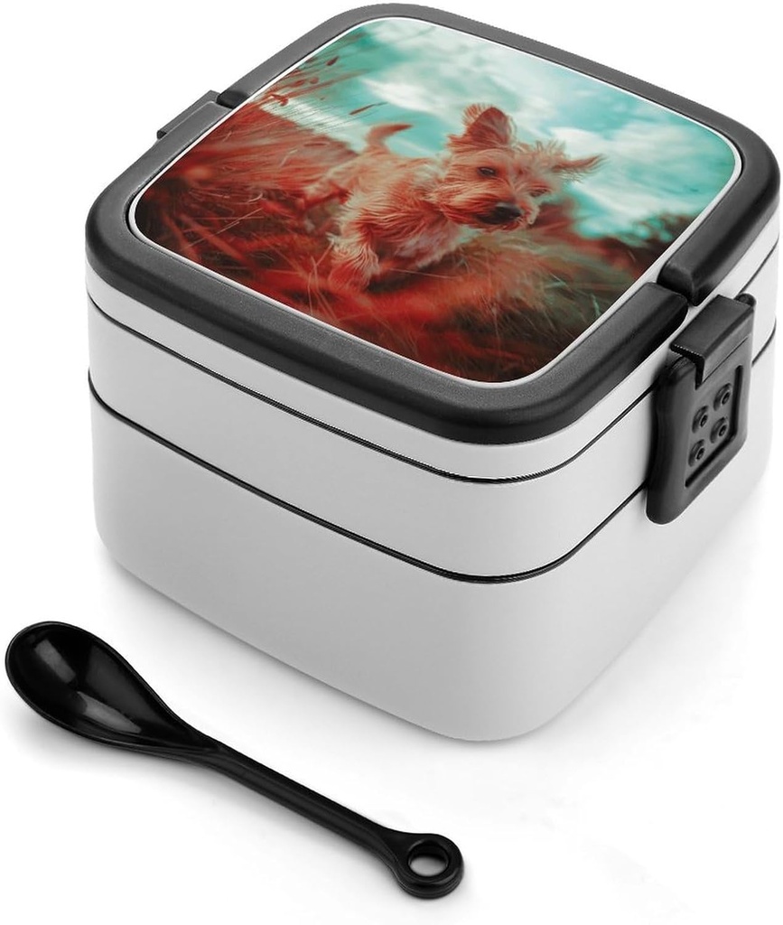 MUSM Double Layer Lunch Box with Handle- 1000ml Stackable Food Container with Dividers, Leakproof Puppy in The Field Bento Box for Office, Picnic & Travel