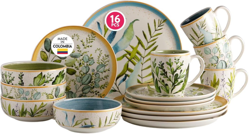 Corona Dinnerware Set 16– piece, Plates Bowls and Mugs Set, Ceramic Sets for 4, Microwave and Dishwasher Safe, Siena Italian Floral Design