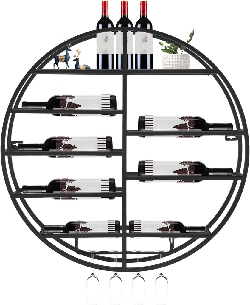 Round Wall Mounted Wine Rack with Glass Holder, 23.6 Inch Vintage Wine Rack Rack Modern Floating Wine Bottle Organizer Wine Storage Display Shelf for Home Bar Dining Room Decor