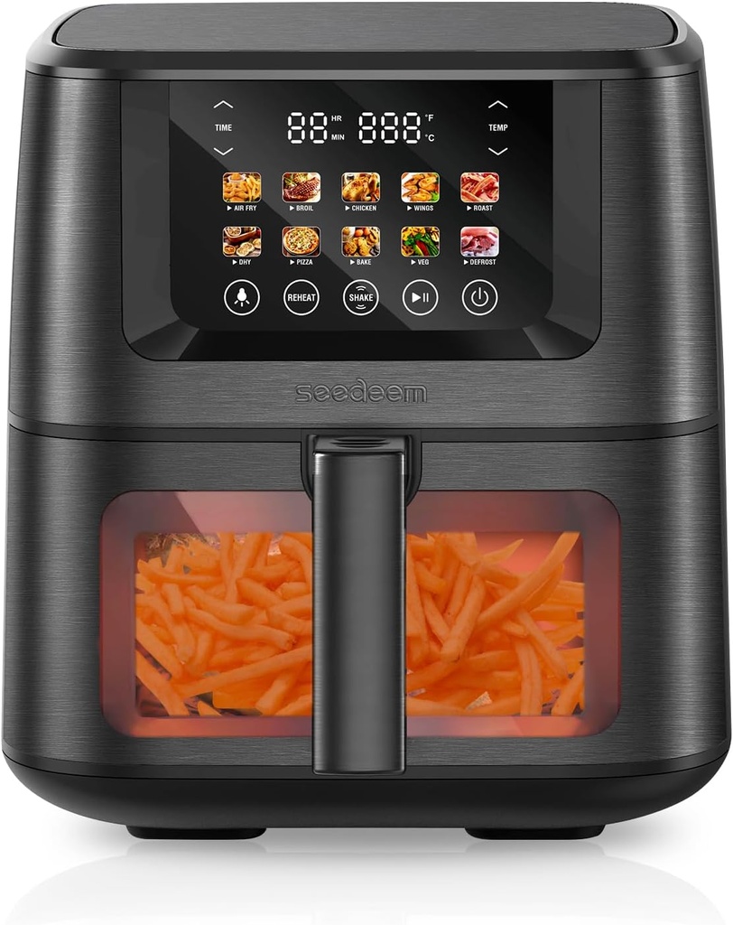 SEEDEEM Max XL Air Fryer 8QT, 10-in-1 Digital Air Fryer Oven with Color Touchscreen & Viewing Window, Toaster Oven Combo for Broil, Roast, Dehydrate, Bake – Black