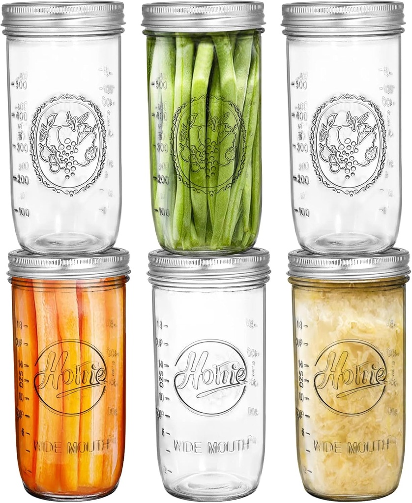 Tebery 6 Pack Wide Mouth Home Glass Mason Jars with Airtight Lids and Bands, 24-Ounce Canning Glass Jars for Canning, Fermenting, Pickling, Meal Prep, Overnight Oats, Jam, Jelly