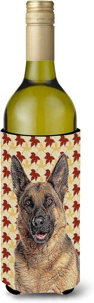 Caroline's Treasures KJ1208LITERK Fall Leaves German Shepherd Wine Bottle Hugger Bottle Cooler Sleeve Hugger Machine Washable Collapsible Insulator Beverage Insulated Holder