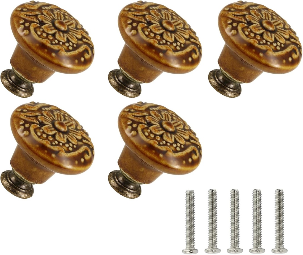 Brown Ceramic Knobs 10 Pack Flower Drawer Pulls Vintage Cabinet Knobs - Antique Dresser Pulls with Screws for Closet Drawer Cupboard Cabinet and DIY Home Project