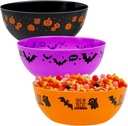 Zcaukya 3 Packs Halloween Candy Bowls, 9.6" Plastic Trick-Or-Treat Holders Pattered with Bat Ghost Jack-O-Lantern, Purple Black Orange Treats Serving Trays for Halloween Parties Supplies