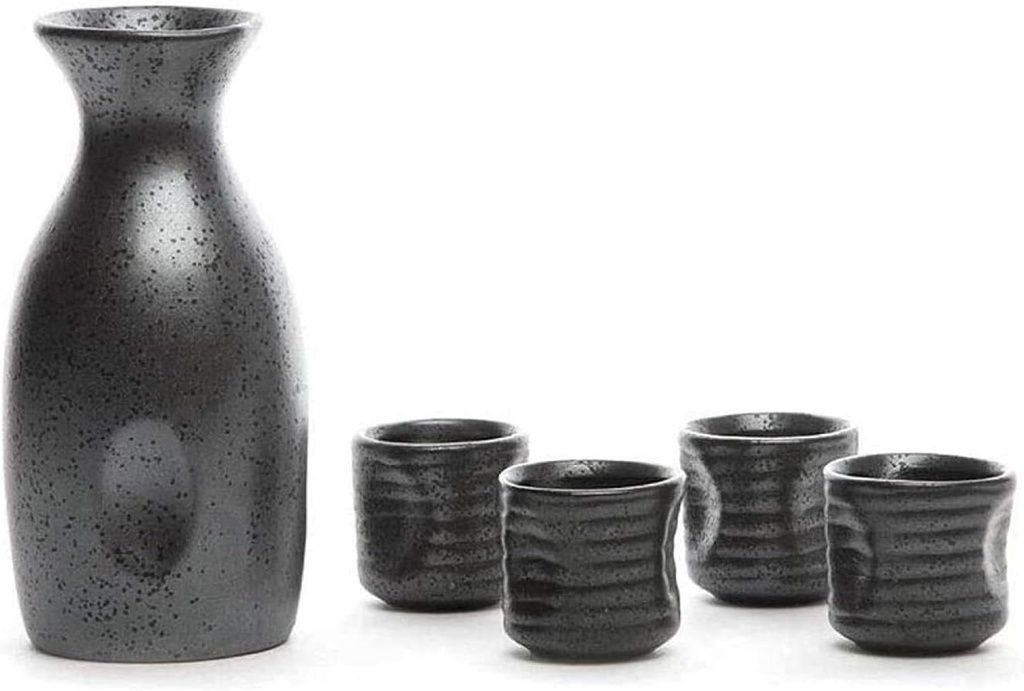 Pottery Sake Set, Retro Japanese Quaint Japanese,250ML 5 Piece Handmade Ceramic Wine Cup Pottery Sake Bottle and 4 Cups,Ideal for Japanese Sake (Black)