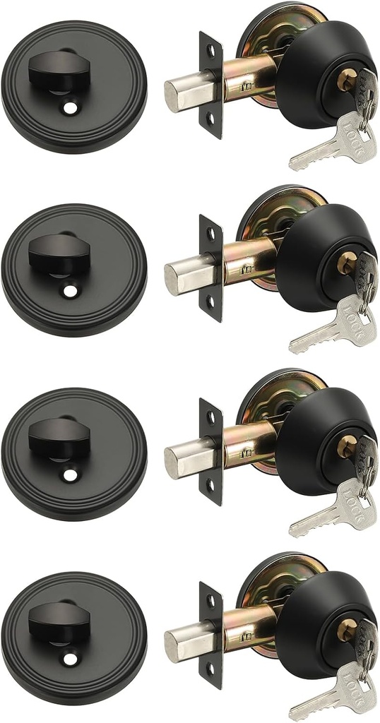 MECCANIXITY Keyed Alike Single Cylinder Deadbolt Door Lock Round Entry Front Door Handle Sets for Door Thickness 1.2-2 Inch (Black, Pack of 4)