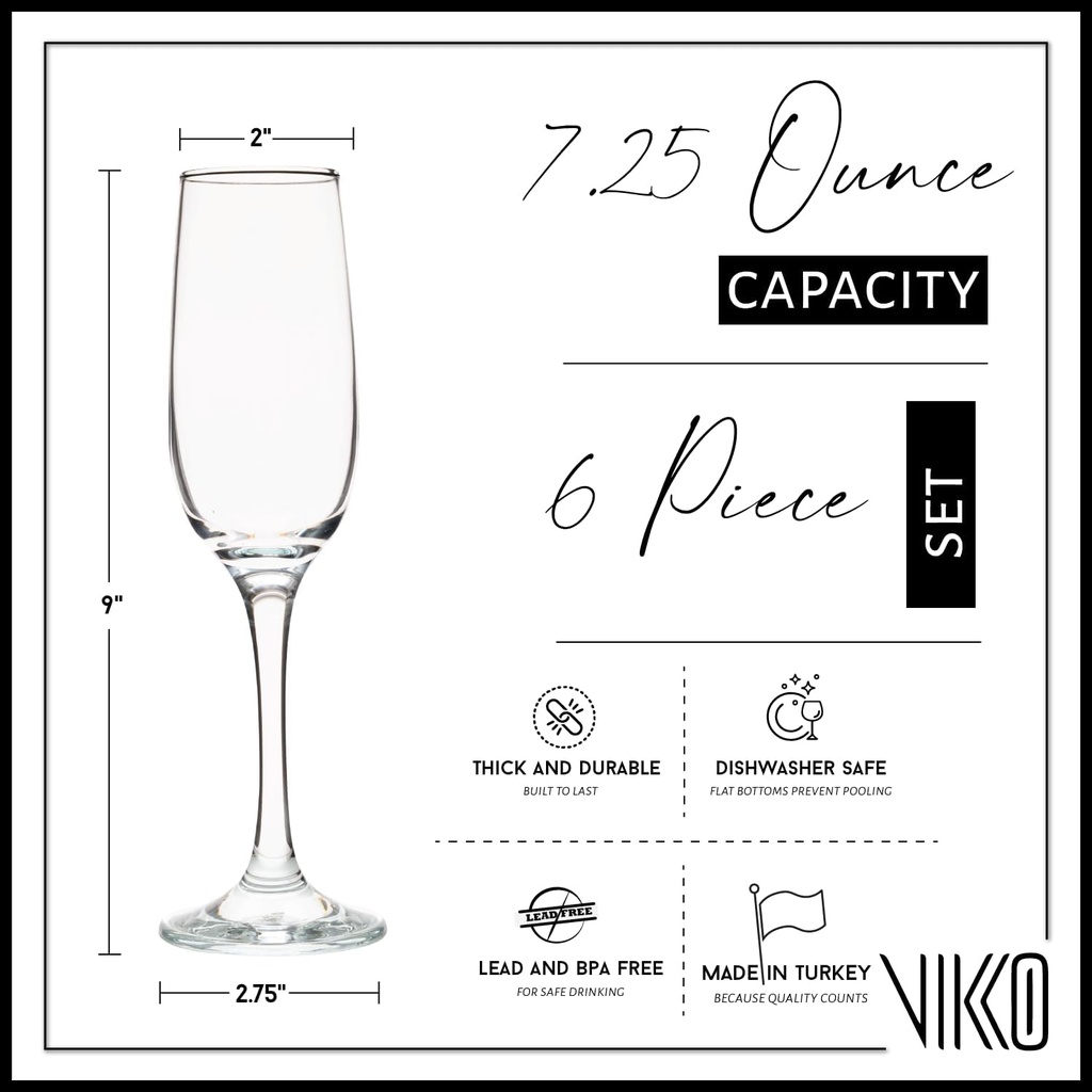 Vikko Champagne Flutes, 7.25 Ounce Toasting Champagne Flute, Crystal Clear Champagne Glasses, Set of 6 Elegant Sparkling Wine Glasses