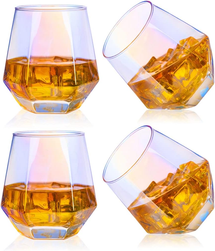 Diamond Wine Glasses Set of 4 for Rocks Whiskey 10 oz Crystal Bourbon,Cognac,Scotch,Cocktails Glass (Rainbow, 4)