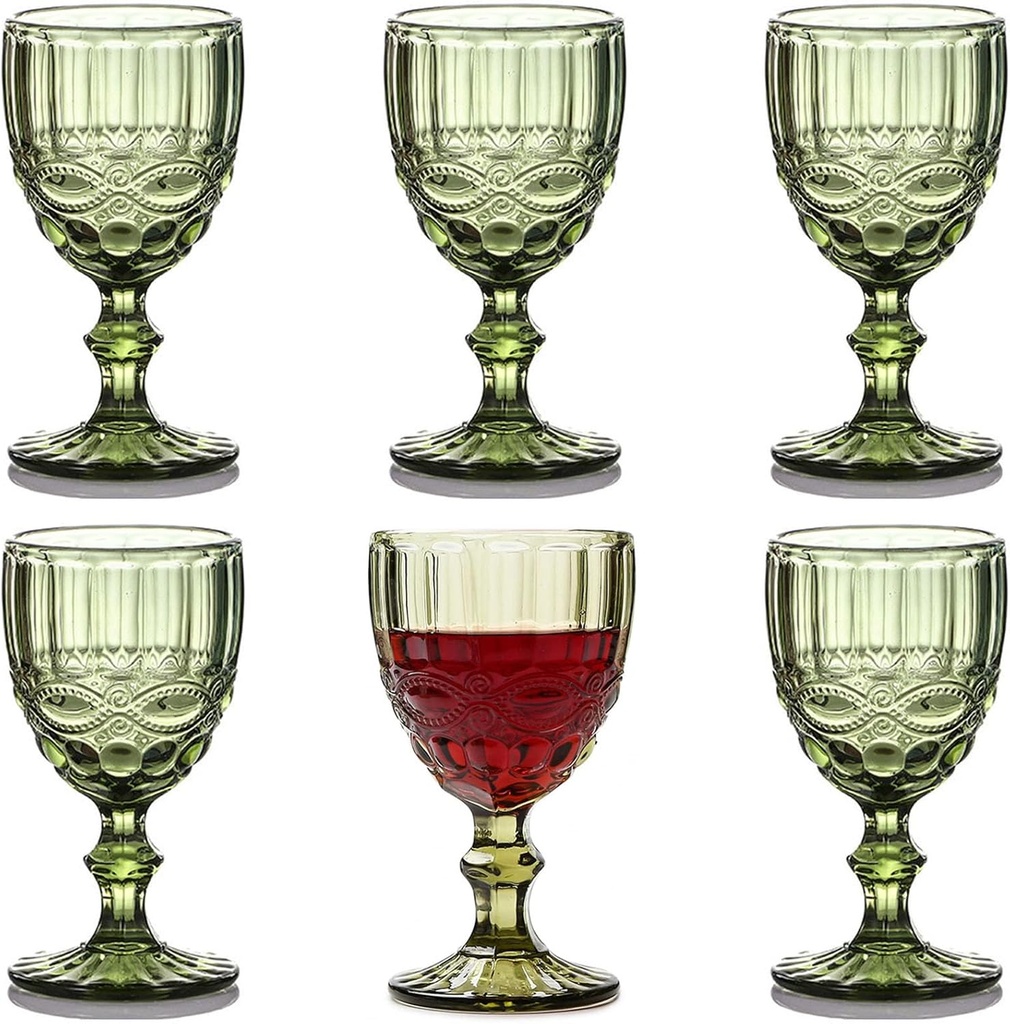 Vintage Glassware Green Drinking Glasses set of 6 Stemmed Water Goblets Colored Wine Drinkware 10 OZ for Wedding Party Bar Christmas
