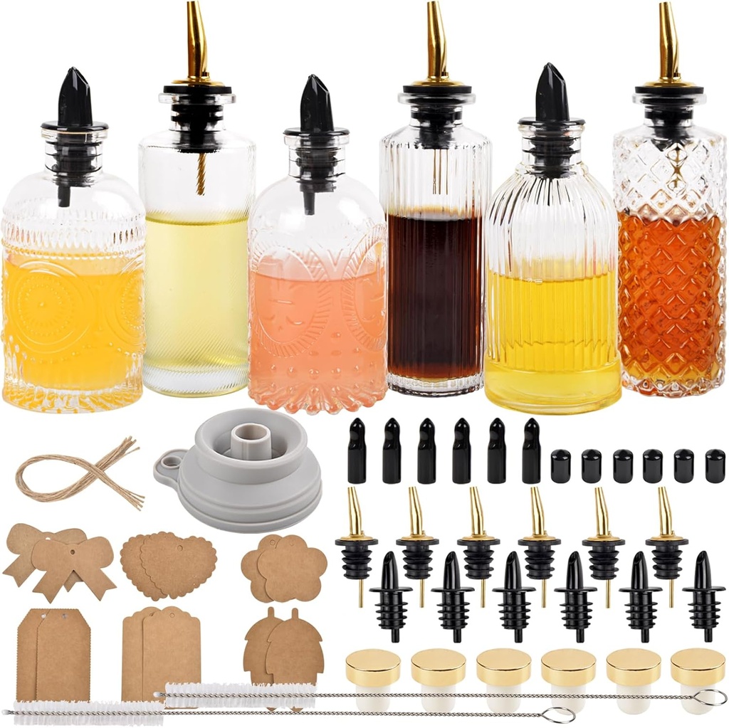 ChezMax Syrup Dispenser Bottles Set of 6, Simple Syrup Bottle for Coffee Bar Accessories, 5oz & 7oz Glass Coffee Syrup Dispenser Syrup Containers for Maple Honey Syrup Oil, Metal Pour Spouts & Labels