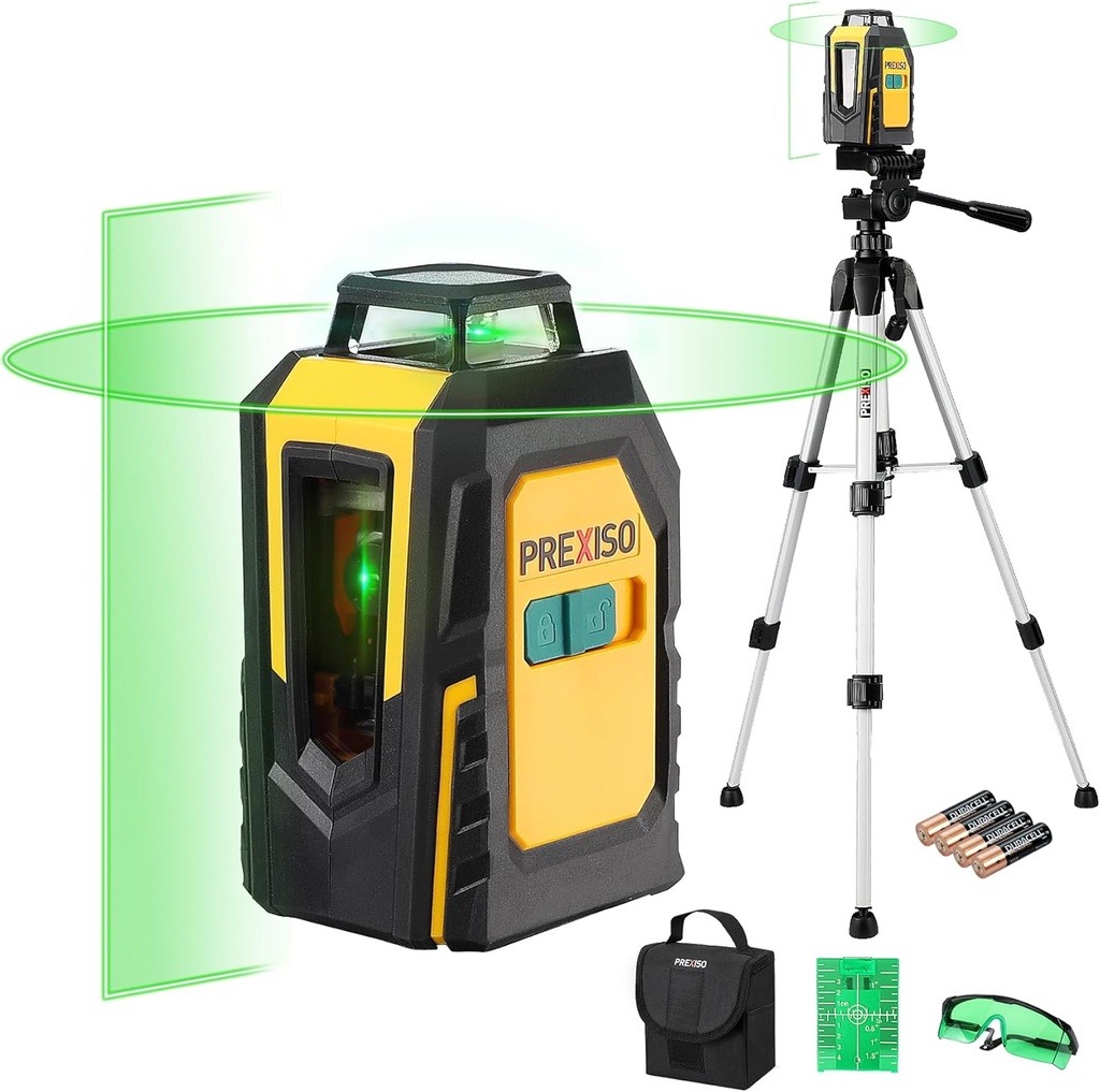 PREXISO 360° Laser Level with Tripod, 100Ft Self Leveling Cross Line Laser- Green Horizontal Line for Construction, Floor Tile, Renovation with Target Plate, Green Glasses, Carry Bag, 4 AA Batteries