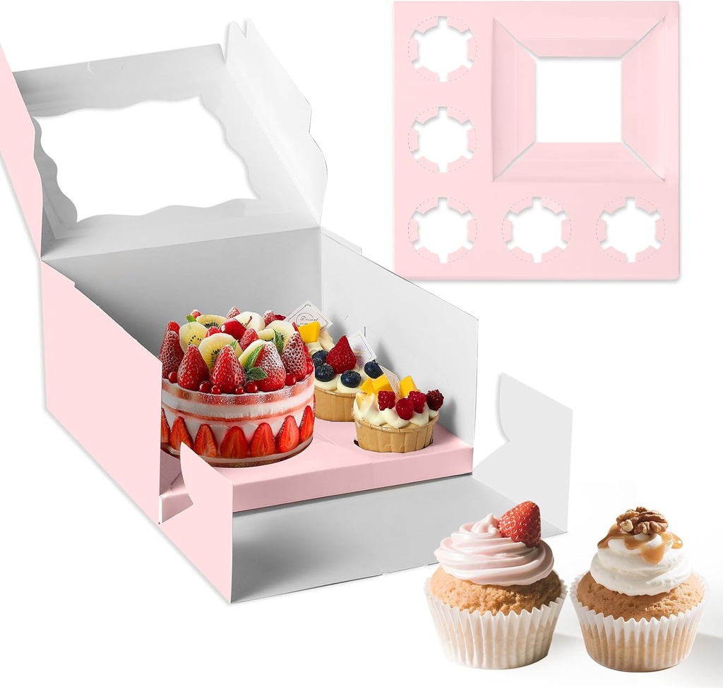 Pink 1+5 paper box 10pcs Bakery Boxes with Window,Stackable Cake and Cupcake Carriers, for Birthdays & Parties (Pink, 1+5(10Pack))