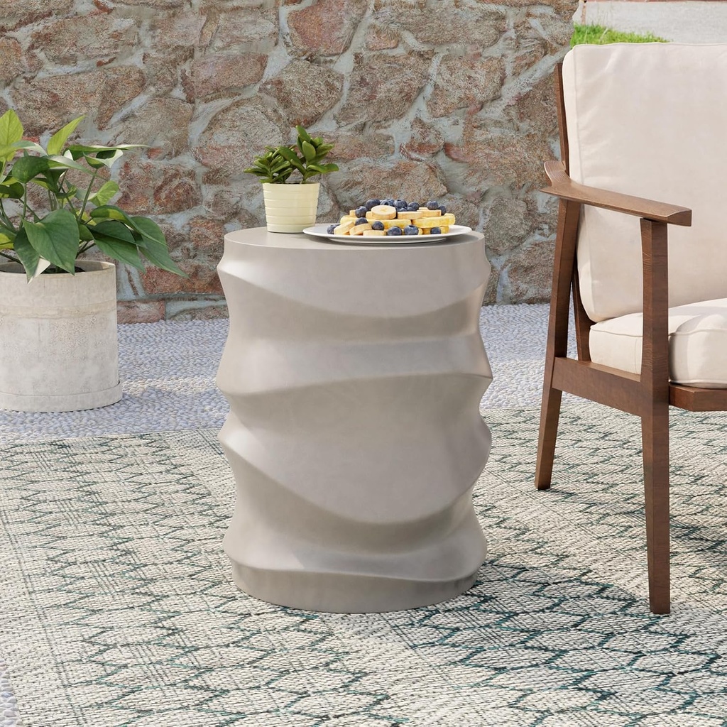 COSIEST Outdoor Side Table, 18''H Patio Concrete Side Accent Table, Streamlined Lightweight Decorative Patio Garden Stools, Plant Stand Drum Tables, Round, Grey