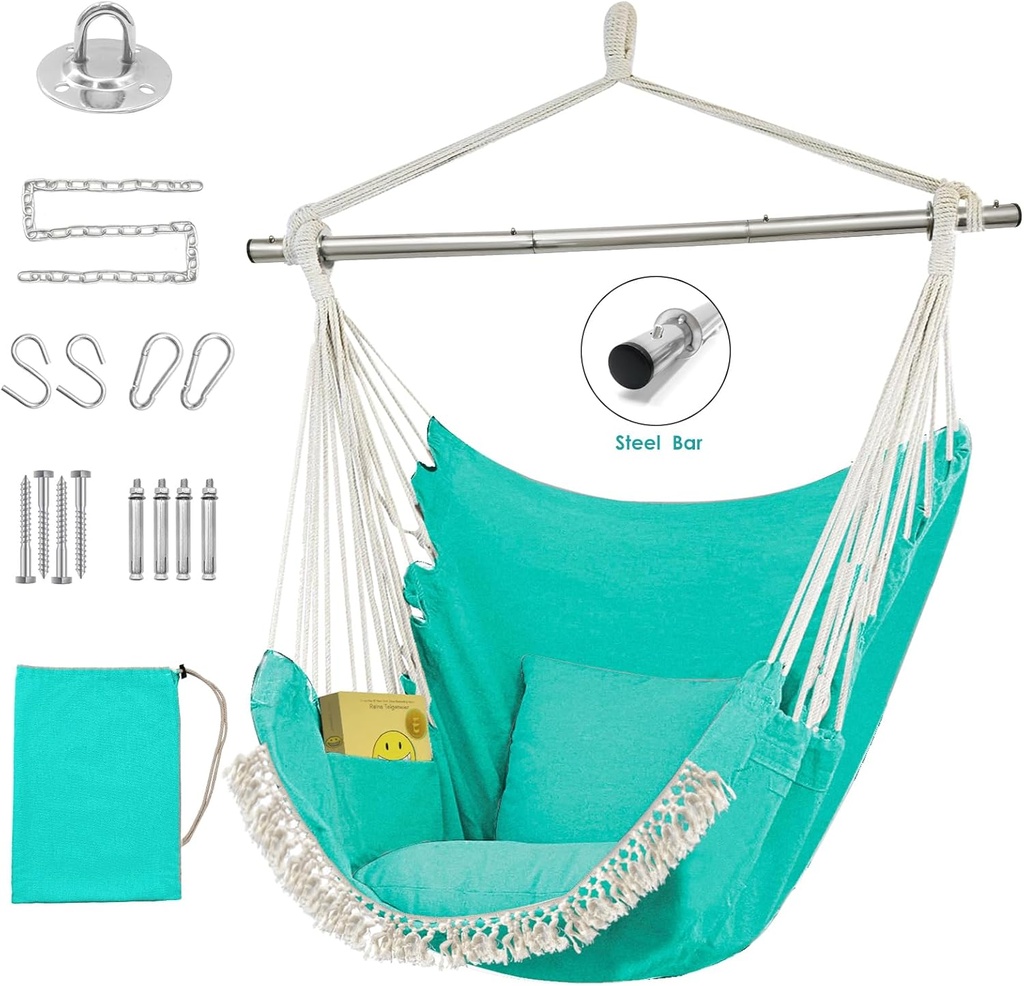 Hammock Swing Chair, Hanging Chair with Pocket, Detachable Steel Support Bar, 500lbs Capacity, Cotton Weave Hammock Chair, 2 Soft Cushions Indoor and Outdoor Green