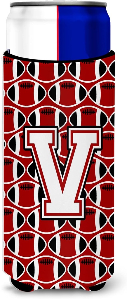 Letter V Football Cardinal and White Ultra Beverage Insulators for slim cans