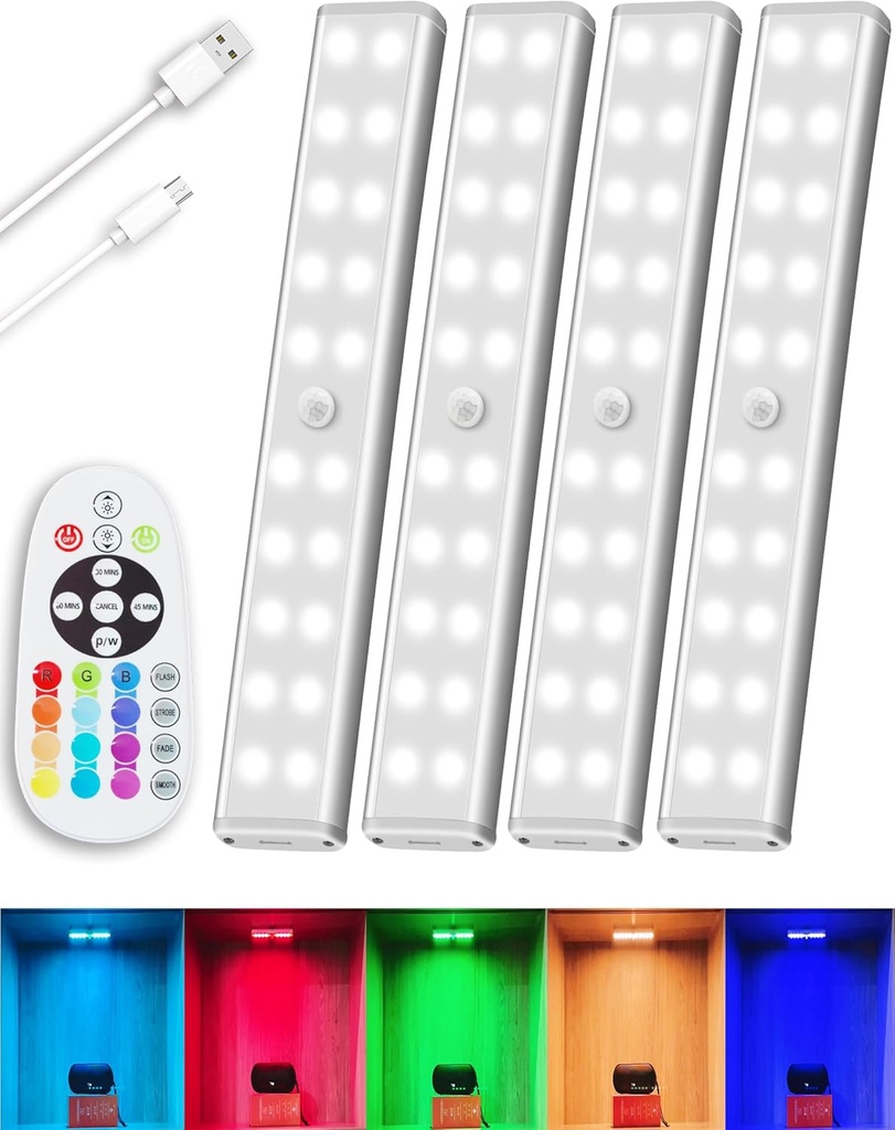 Under Cabinet Lighting Wireless Rechargeable Battery Operated LED Closet Lights Dimmable Under Counter Lights Bar with Remote, RGB Changing Perfect for Kitchen Bedroom Stairs, 4 Packs