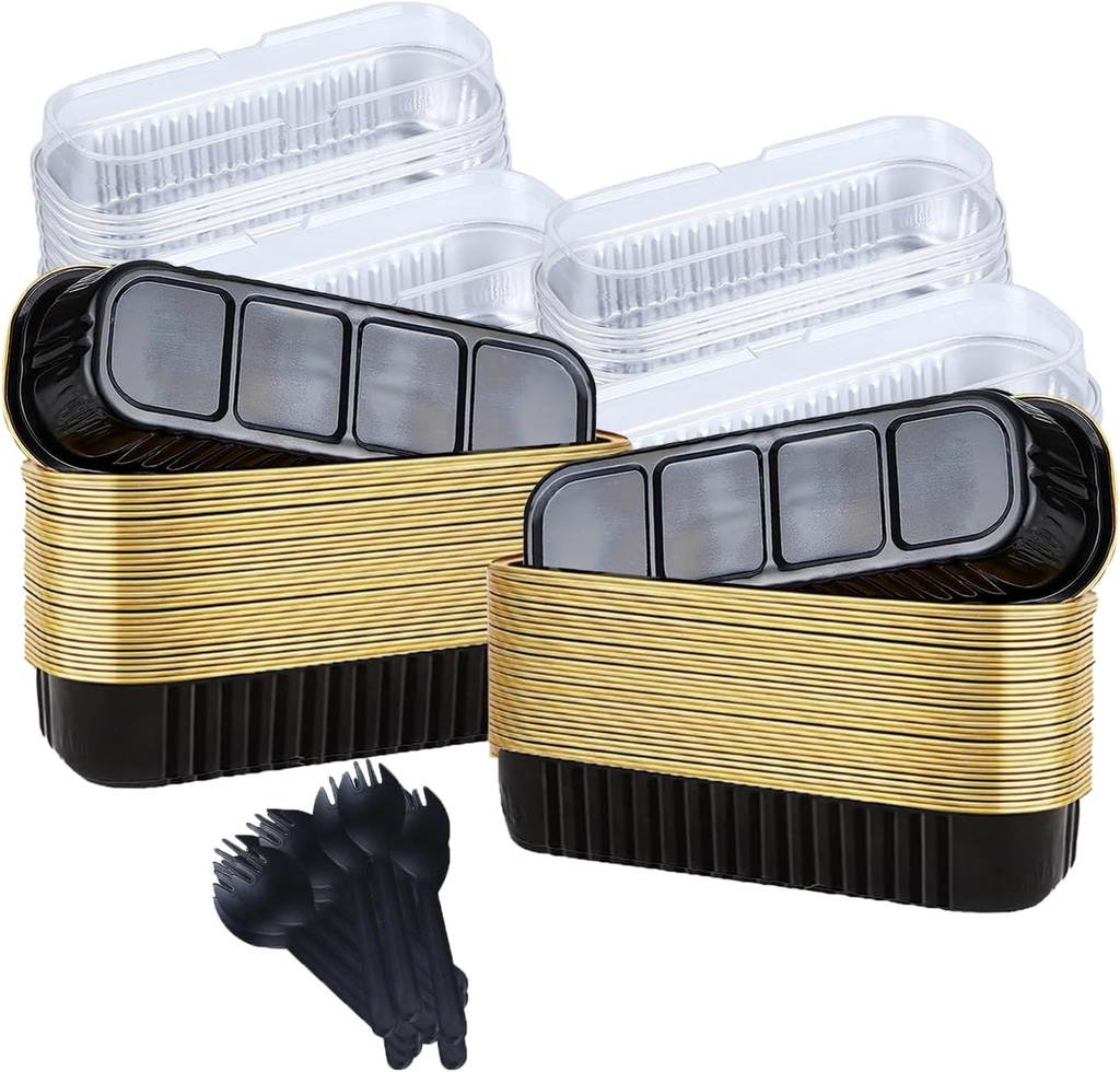 20PCS Rectangle Mini Loaf Pans With Lids,Mini Cake Pans with Lids,Disposable Ramekins Baking Cups Muffin Tins Cupcake Cups For Wedding Birthday Party,6.8oz（Black Gold）