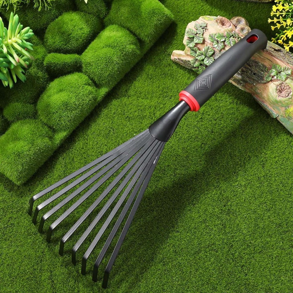 Gardening Hand Rake, Small Garden Stainless Steel Hand Tiller, Ergonomic Handle Rake Garden Tools for Dead Leaf, Cultivating, Loosening, Perfect for Maintaining a Raised Garden (Black)