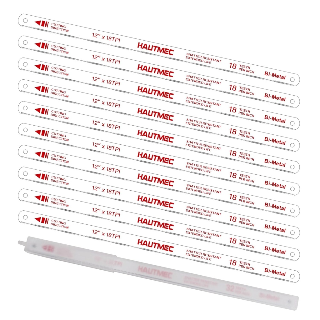 HAUTMEC 12" Hacksaw Blades 18 TPI – 10 Pack Bi-Metal Replacement Blades with High-Speed Steel Teeth and Spring Steel Body, Professional Grade, Fits Most Hacksaw Frames