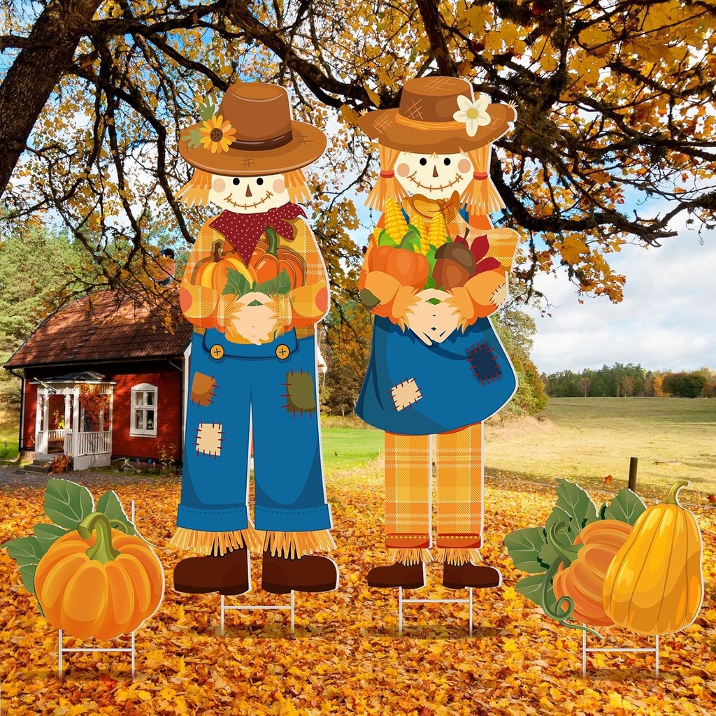 Geetery 4 Pieces Thanksgiving Outdoor Decorations Fall Yard Stake Scarecrow Pilgrim Pumpkins Porch Sign with Stake Autumn Harvest Garden Decor for Outside Lawn Decoration 32.28 x 10.47 Inch(Scarecrow)