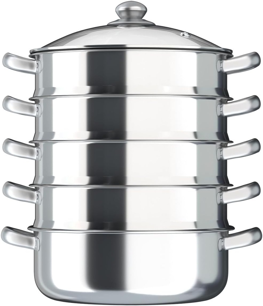 11.81Inch Stainless Steel Steamer Pot 5 Tier Steamer for Cooking with Tempered Glass Lid and 4 Steaming Grids Food Steam Basket Dumpling Steamer for Vegetable Food Kitchen Gas Electric Stove (11.81inch)