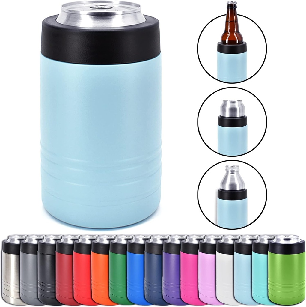 4-in-1 Stainless Steel 12 oz Double Wall Vacuum Insulated Can or Bottle Cooler Keeps Beverage Cold for Hours - Also Fits 16 oz Cans - Powder Coated Light Blue - Clear Water Home Goods