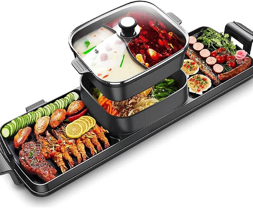 GeRRiT Grill Indoor Hot Pot Multifunctional, Indoor Teppanyaki Grill/Shabu Shabu Pot with Divider - Separate Dual Temperature Contral, Capacity for 2-12 People